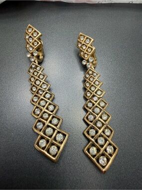 Trifari Gold-Tone Lattice Drop clip Earrings with Rhinestones #309